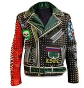 Men Handmade Studded Wear, Burning Skull Punk Fashion, Brando Waist Belted Jacket, Men Outfit Sub Hum Ans Leather, Patches Studded Jacket,